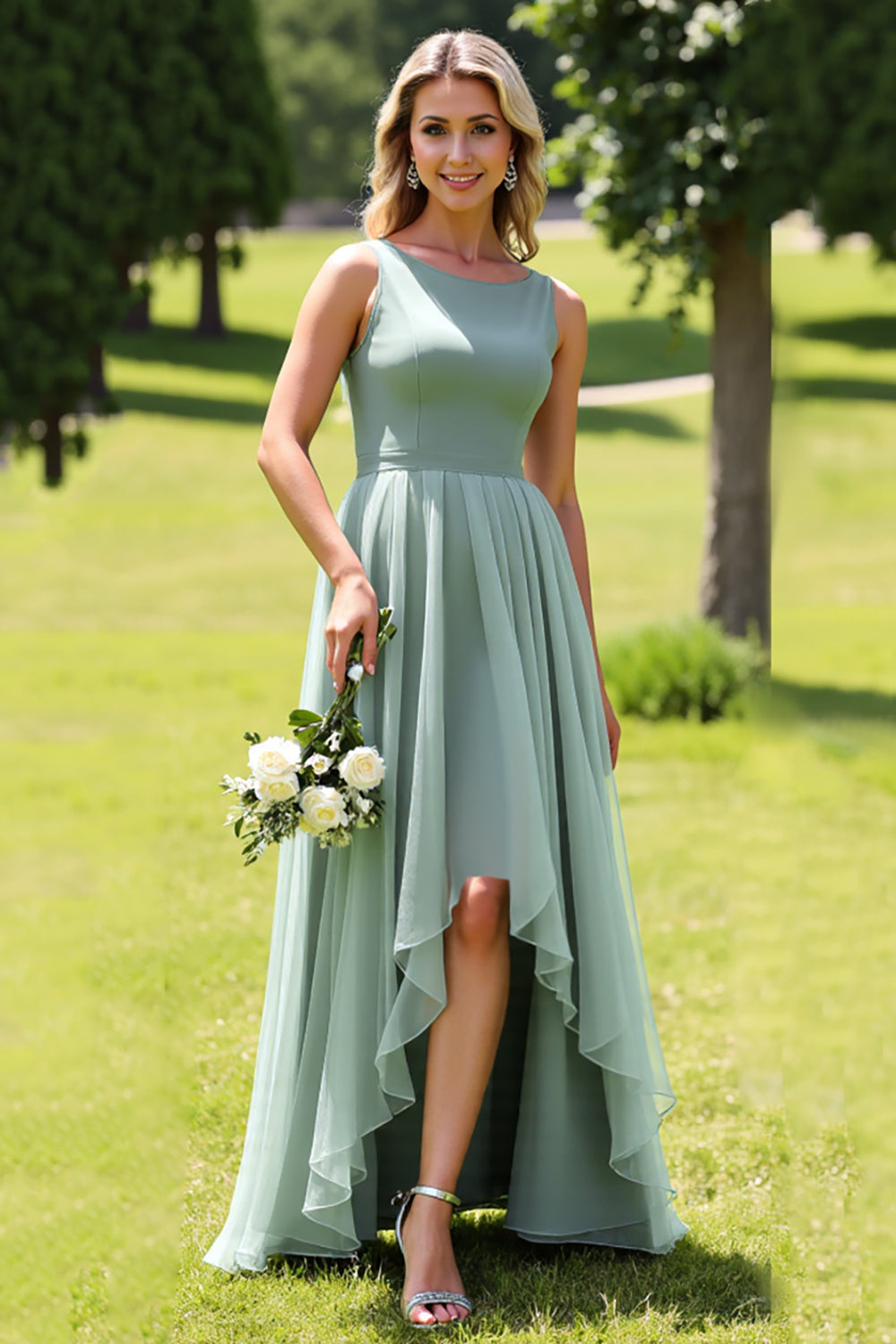 Sage Green Chiffon A Line High-Low Bridesmaid Dress with Ruffles