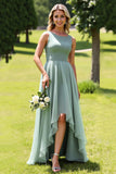 Sage Green Chiffon A Line High-Low Bridesmaid Dress with Ruffles