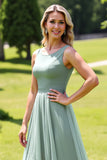 Sage Green Chiffon A Line High-Low Bridesmaid Dress with Ruffles