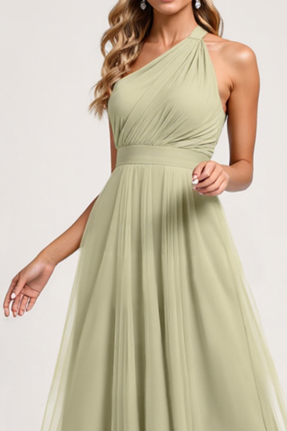 Dusty Sage One Shoulder Tulle A Line Long Bridesmaid Dress