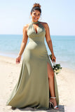 Olive Plus Size Halter Satin Long Bridesmaid Dress with Slit