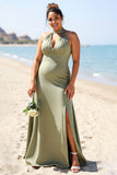 Olive Plus Size Halter Satin Long Bridesmaid Dress with Slit