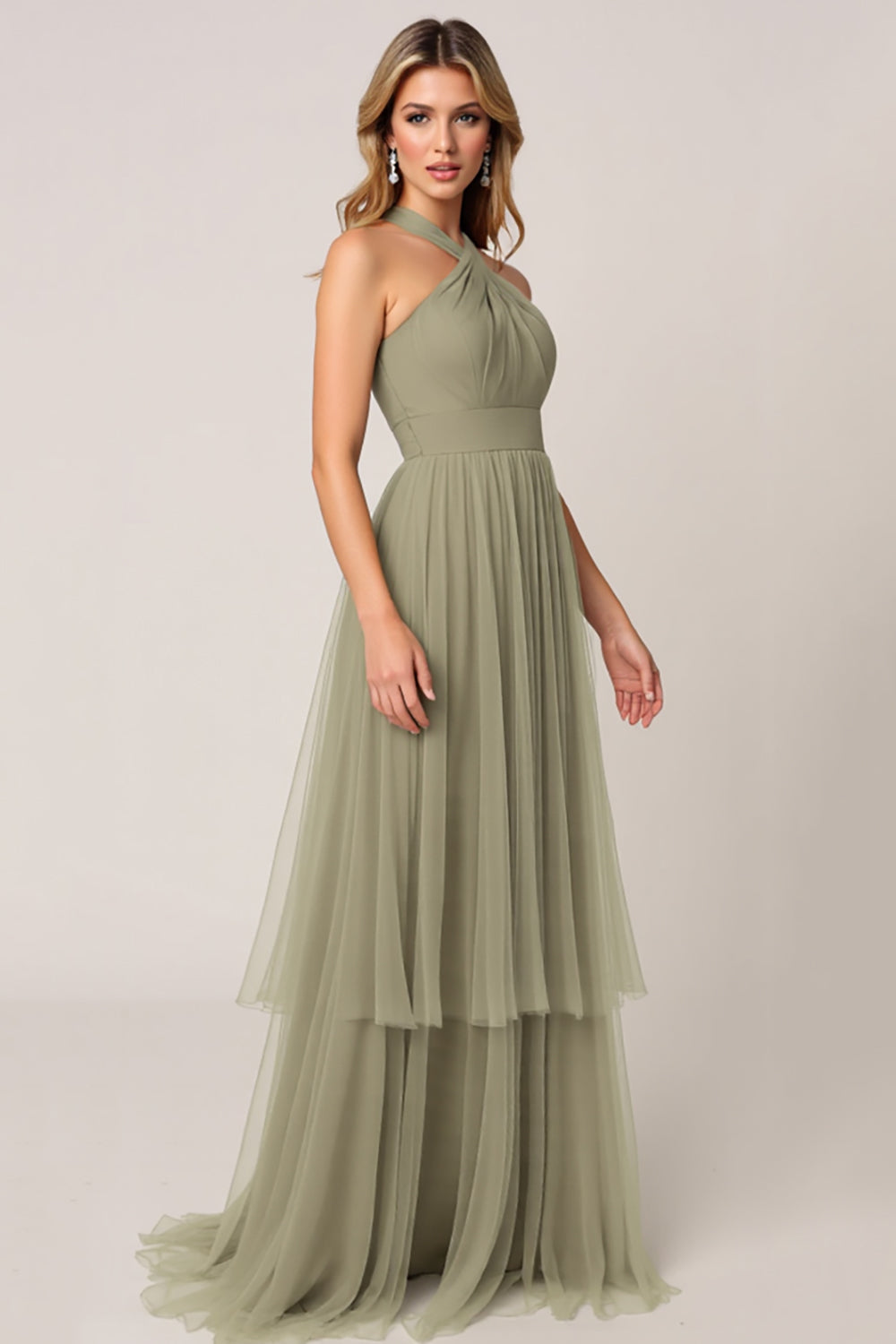 Olive Tulle Tiered Halter Long Bridesmaid Dress