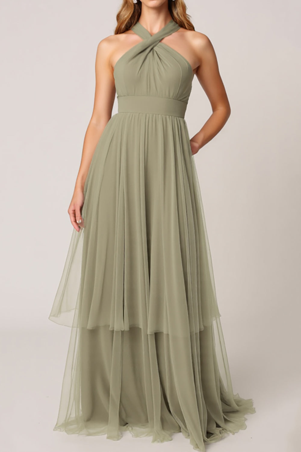 Olive Tulle Tiered Halter Long Bridesmaid Dress