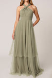 Olive Tulle Tiered Halter Long Bridesmaid Dress