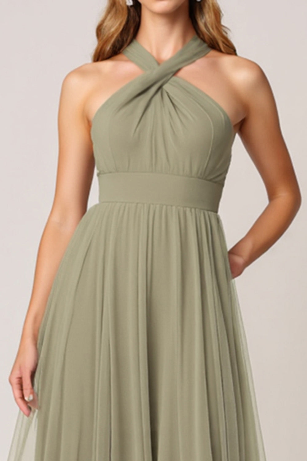 Olive Tulle Tiered Halter Long Bridesmaid Dress