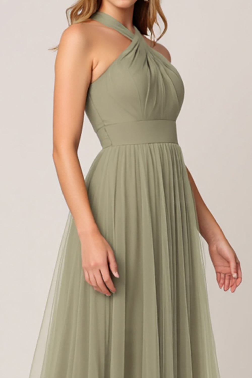 Olive Tulle Tiered Halter Long Bridesmaid Dress