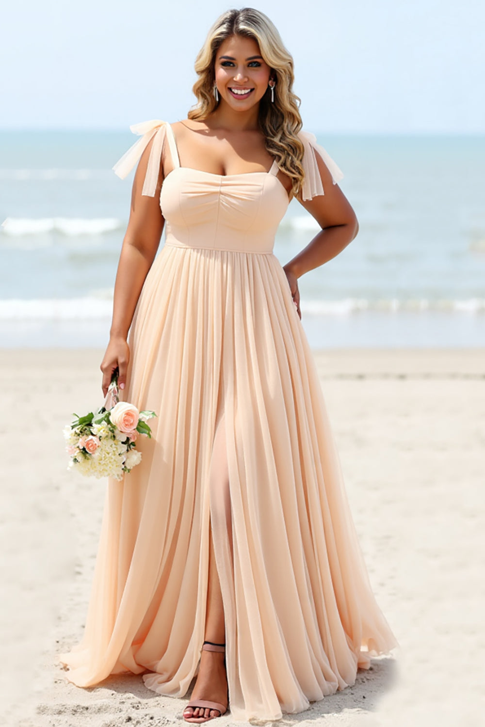 Apricot A Line Chiffon Spaghetti Straps Long Bridesmaid Dress with Slit