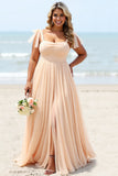 Apricot A Line Chiffon Spaghetti Straps Long Bridesmaid Dress with Slit