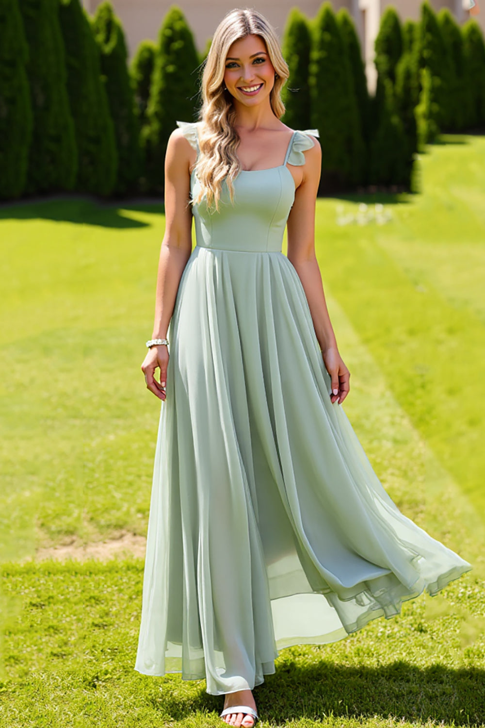 Sage Green Chiffon Spaghetti Straps A Line Long Bridesmaid Dress