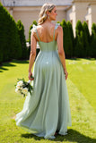Sage Green Chiffon Spaghetti Straps A Line Long Bridesmaid Dress