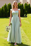 Sage Green Chiffon Spaghetti Straps A Line Long Bridesmaid Dress