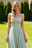 Sage Green Chiffon Spaghetti Straps A Line Long Bridesmaid Dress