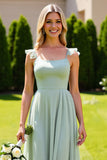 Sage Green Chiffon Spaghetti Straps A Line Long Bridesmaid Dress