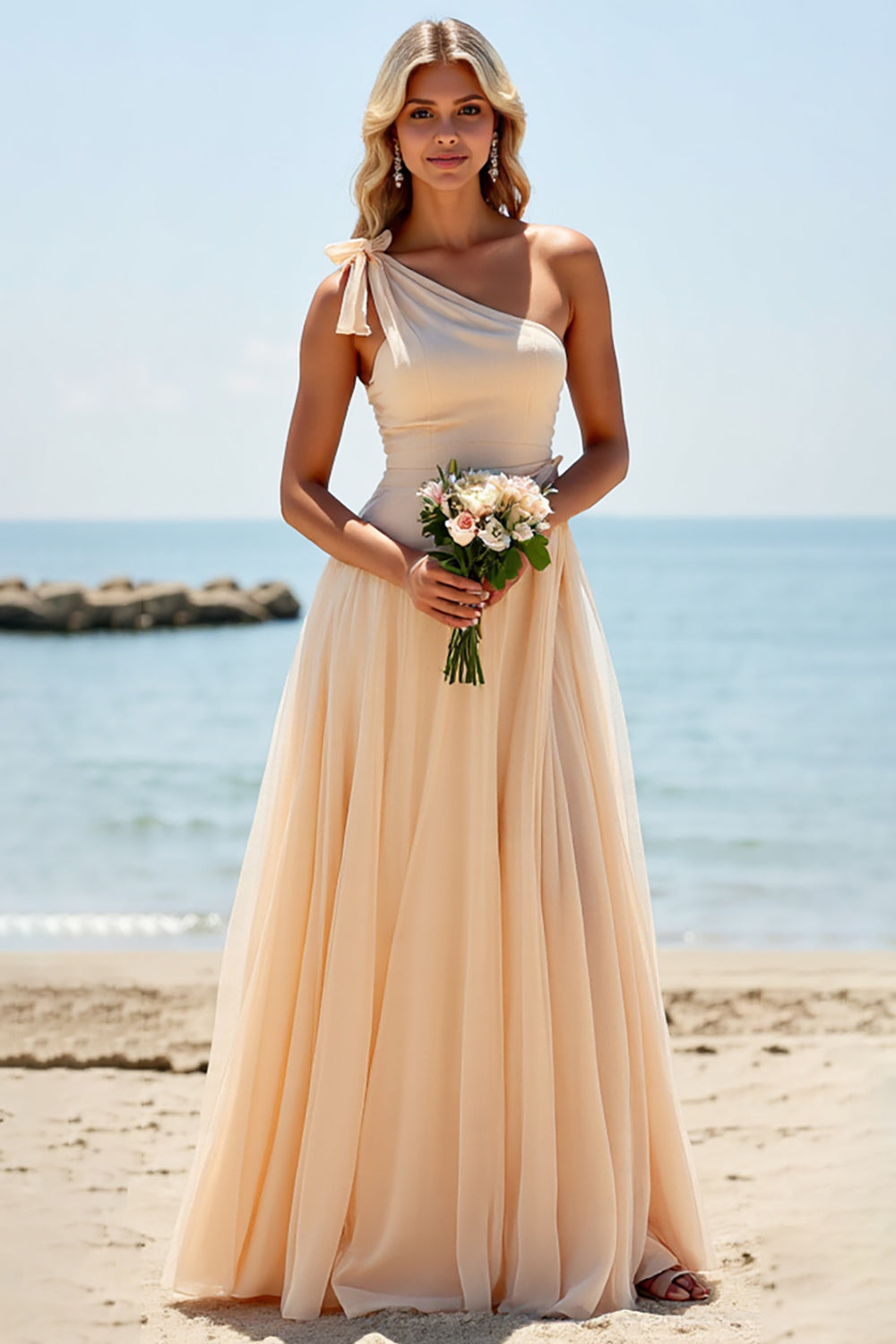 Apricot Chiffon One Shoulder A Line Long Bridesmaid Dress