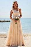 Apricot Chiffon One Shoulder A Line Long Bridesmaid Dress