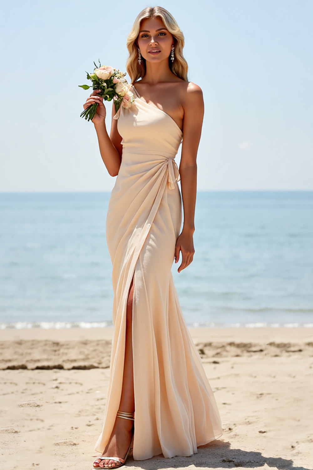 Apricot Chiffon Mermaid One Shoulder Long Bridesmaid Dress with Slit