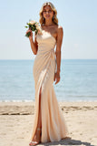Apricot Chiffon Mermaid One Shoulder Long Bridesmaid Dress with Slit