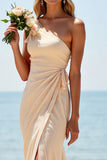 Apricot Chiffon Mermaid One Shoulder Long Bridesmaid Dress with Slit