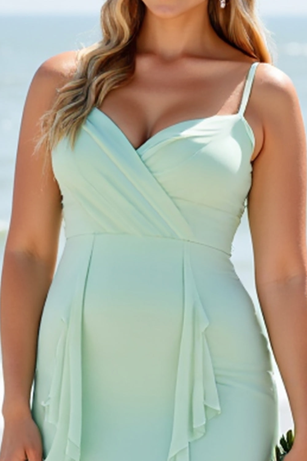 Mint Green Chiffon A Line Long Bridesmaid Dress with Ruffles