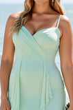 Mint Green Chiffon A Line Long Bridesmaid Dress with Ruffles