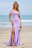 Lilac Chiffon Flutter Sleeves Sheath Long Bridesmaid Dress with Appliques