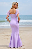 Lilac Chiffon Flutter Sleeves Sheath Long Bridesmaid Dress with Appliques