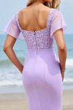 Lilac Chiffon Flutter Sleeves Sheath Long Bridesmaid Dress with Appliques