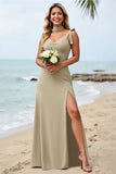 Olive Sheath Satin Spaghetti Straps Long Bridesmaid Dress with