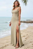 Olive Sheath Satin Spaghetti Straps Long Bridesmaid Dress with