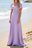 Lilac Satin Flutter Sleeves A Line Long Bridesmaid Dress with Beading