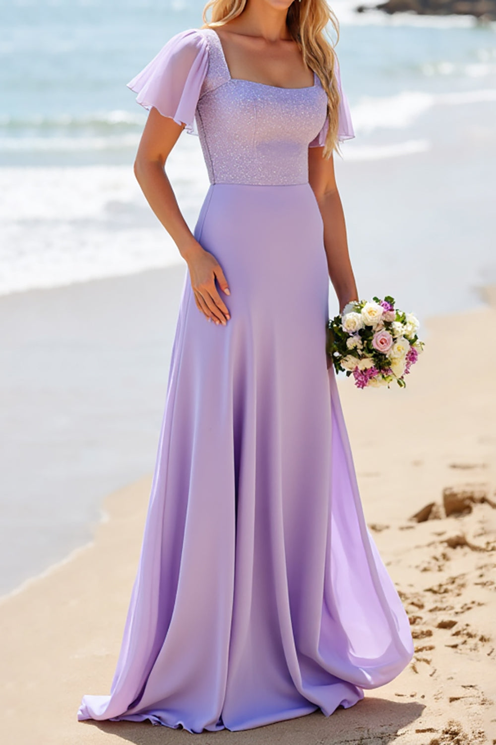 Lilac Satin Flutter Sleeves A Line Long Bridesmaid Dress with Beading