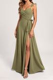 Olive A Line Chiffon Ruffled Long Bridesmaid Dress with Slit