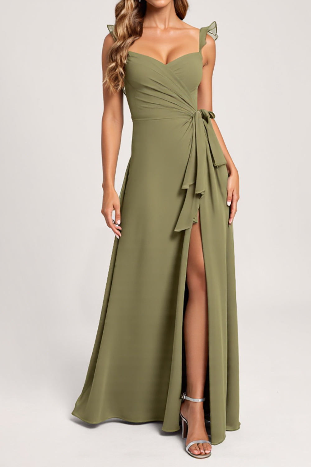 Olive A Line Chiffon Ruffled Long Bridesmaid Dress with Slit