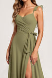 Olive A Line Chiffon Ruffled Long Bridesmaid Dress with Slit