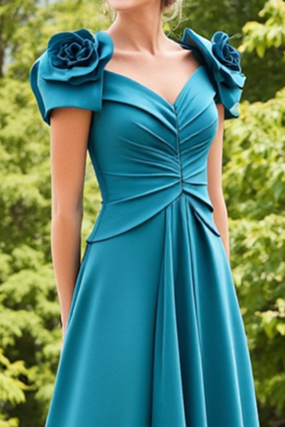 Blue A Line Ruched Long Mother Of The Bride Dress With 3D Flowers