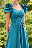 Blue A Line Ruched Long Mother Of The Bride Dress With 3D Flowers