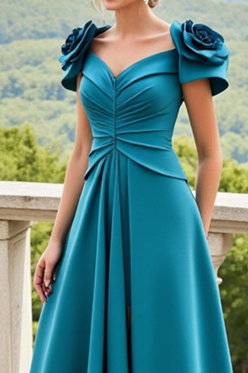 Blue A Line Ruched Long Mother Of The Bride Dress With 3D Flowers