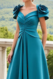 Blue A Line Ruched Long Mother Of The Bride Dress With 3D Flowers