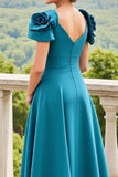 Blue A Line Ruched Long Mother Of The Bride Dress With 3D Flowers