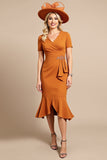 Orange Sheath V Neck Midi Mother Of The Bride Dress