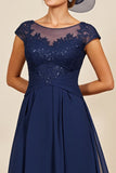 Navy A Line Appliqued Long Mother Of The Bride Dress