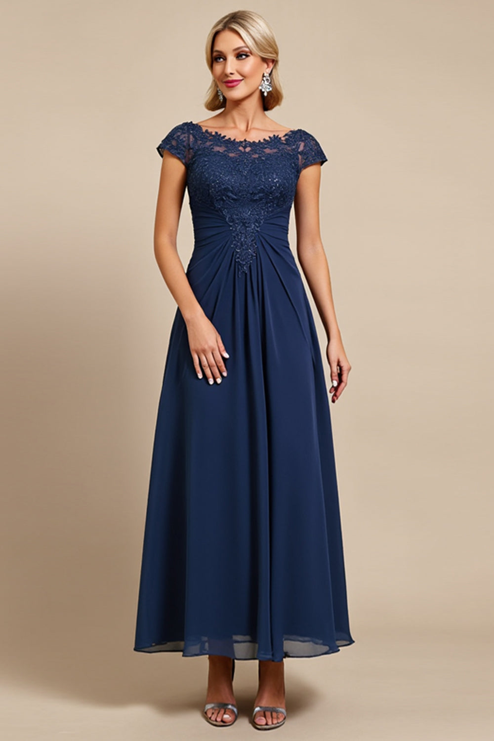 Navy Cap Sleeve A Line Mother Of The Bride Dress With Appliques