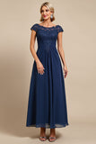 Navy Cap Sleeve A Line Mother Of The Bride Dress With Appliques