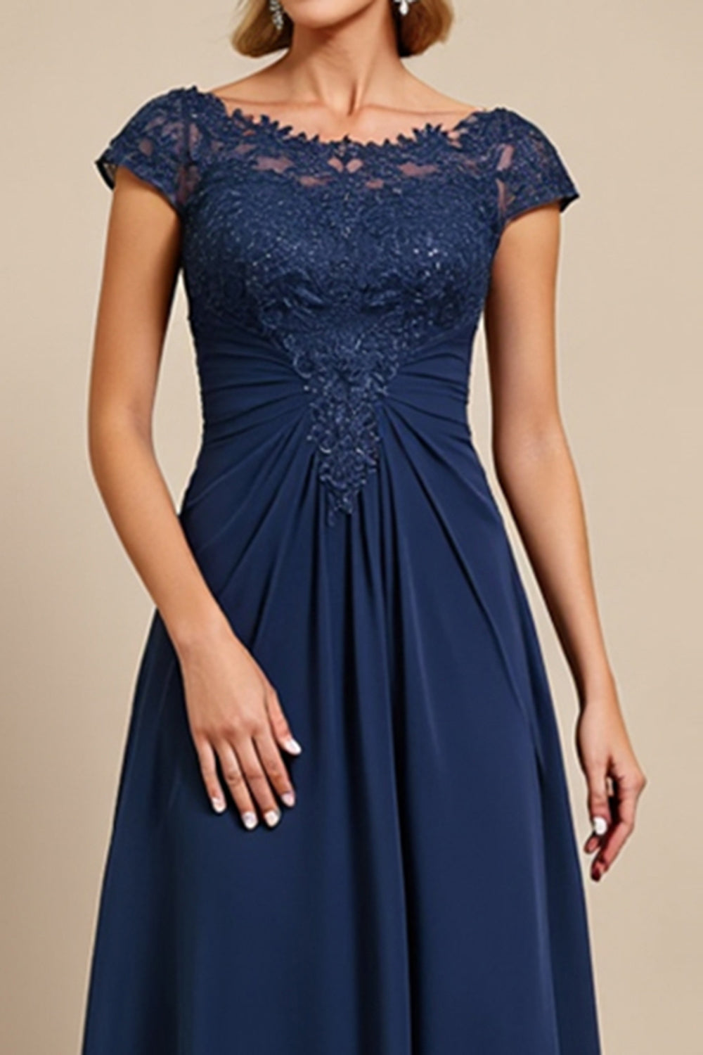 Navy Cap Sleeve A Line Mother Of The Bride Dress With Appliques