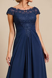 Navy Cap Sleeve A Line Mother Of The Bride Dress With Appliques