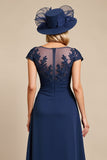 Navy Cap Sleeve A Line Mother Of The Bride Dress With Appliques