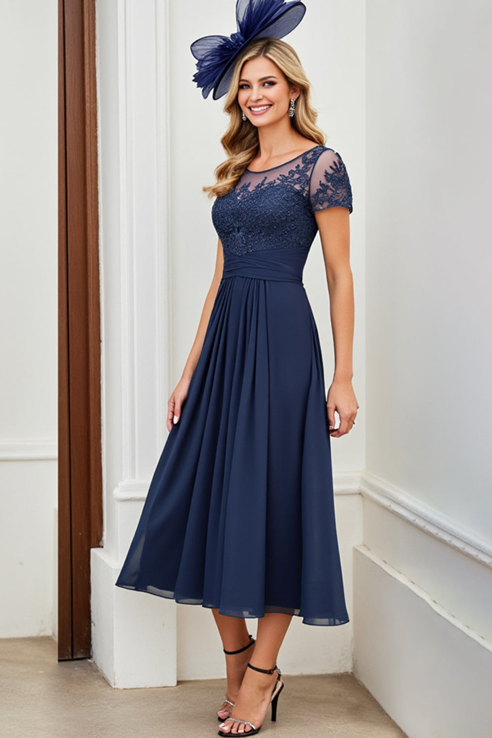 A Line Ruched Long Navy Mother Of The Bride Dress
