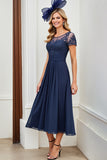 A Line Ruched Long Navy Mother Of The Bride Dress