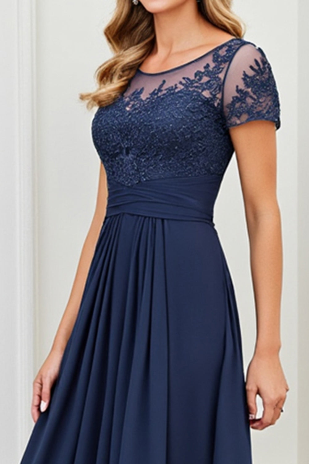 A Line Ruched Long Navy Mother Of The Bride Dress